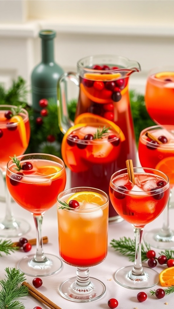 A festive table with batch cocktails including sangria, holiday punch, and pomegranate fizz, garnished with fruits and spices.
